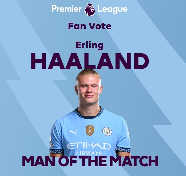 打進(jìn)致勝球！英超官方：哈蘭德當(dāng)選曼城1-0熱刺全場最佳球員